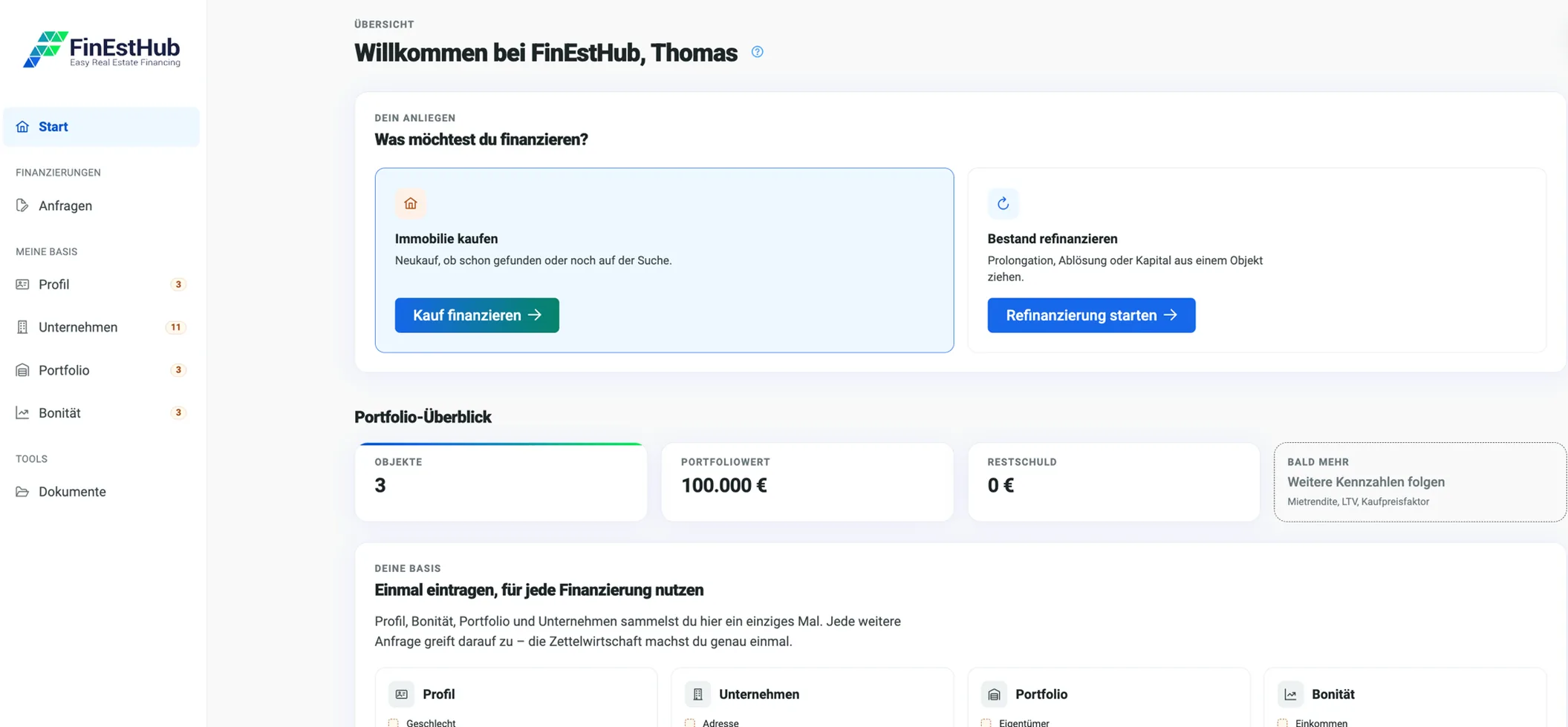 Dashboard mit Portfolio-Überblick und Einstieg in die Finanzierung